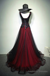 Black and Red V-Neck Tulle Long Prom Dress, Lace Evening Dress